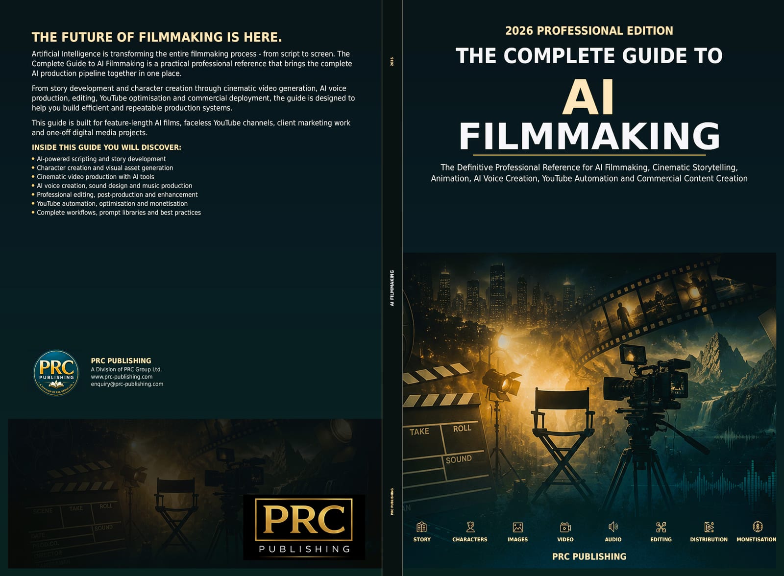 Full wraparound paperback cover for The Complete Guide To AI Filmmaking, showing the front cover, spine and back cover with synopsis